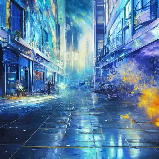 Image similar to Concept art of an urban city getting magically shredded into blue particles, trending on artstation, oil on canvas, vivid color, ultra detailed.