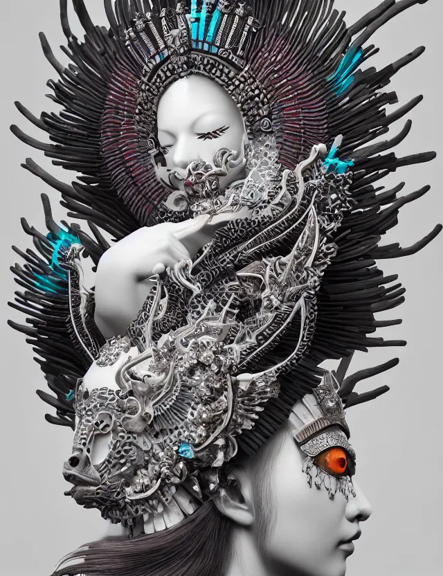 Image similar to 3 d goddess close - up profile portrait with crown, ram skull. beautiful intricately detailed tribal japanese crow kitsune mask and clasical japanese kimono. betta fish, jellyfish phoenix, bio luminescent, plasma, ice, water, wind, creature, artwork by tooth wu and wlop and beeple and greg rutkowski