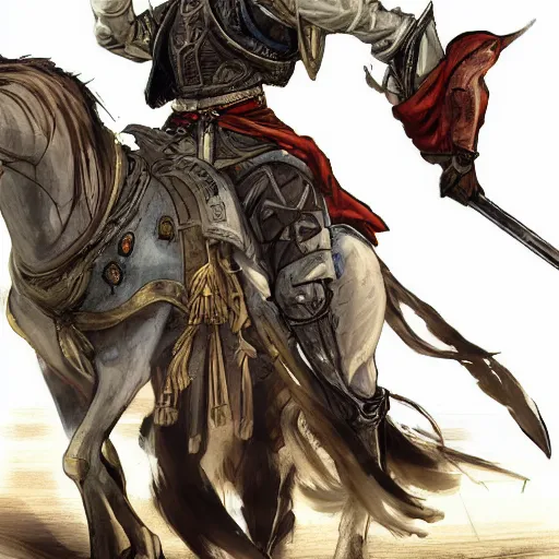 Image similar to an illustration for a new video game, by square enix, about a hero who fights for his nation, very realistic details and details, wearing a turban and also riding a black horse, while carrying a large sword, his clothes are very patterned desert, and also symmetrical, perfect shape and line, this illustration is drawn by yoshitaka amano