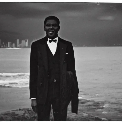 Image similar to vintage photo of a black man wearing a black suit in front of rio de janeiro