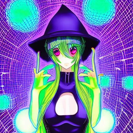 Prompt: cyberwitch super buxom anime girl wearing neon mesh witch hat. cyber sphere symmetrical face. symmetrical detailed defined eyes. beautiful lineart. stereoscopic image of alan turing discovering lsd, stop motion vinyl action figure, plastic, toy, gilbert and george style