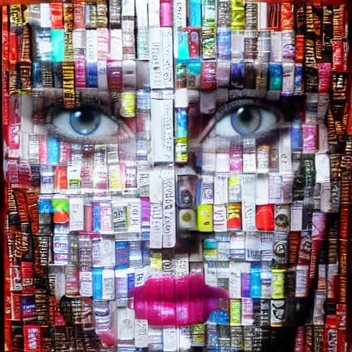 Prompt: collage of a beautiful female face made of soda cans