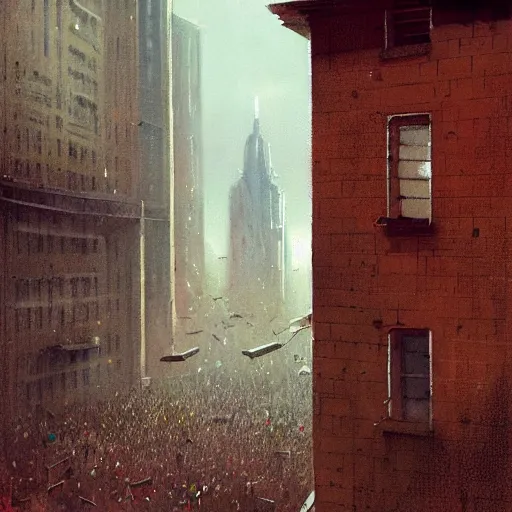 Prompt: Depressed politician looks out of the window from his tower block and sees the crowds rioting | painting by Greg Rutkowski