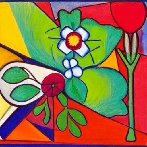 Prompt: Cubism painting of a highly detailed flower , with a butterfly planning to land on it , masterpiece