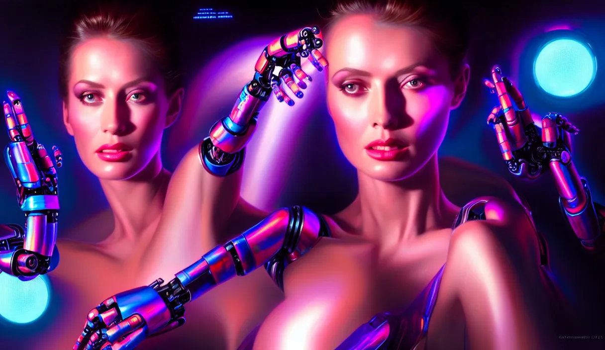 Image similar to beauty woman in holograms, with robotic arms, of alien artifacts, total recall tech, electrical case display , ultrarealistic, dramatic lighting, electrical details, high details, 4k, 8k, best, accurate, trending on artstation, artstation, photorealism, ultrarealistic, digital painting, style of Caravaggio, Boris Vallejo