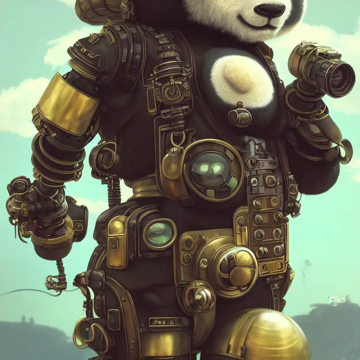 Prompt: dieselpunk android panda, vaporwave, naturel, glossy reflections, hyper detailed, digital art, trending in artstation, cinematic lighting, studio quality, smooth render, unreal engine 5 rendered, octane rendered, art style by klimt and nixeu and ian sprigger and wlop and krenz cushart.