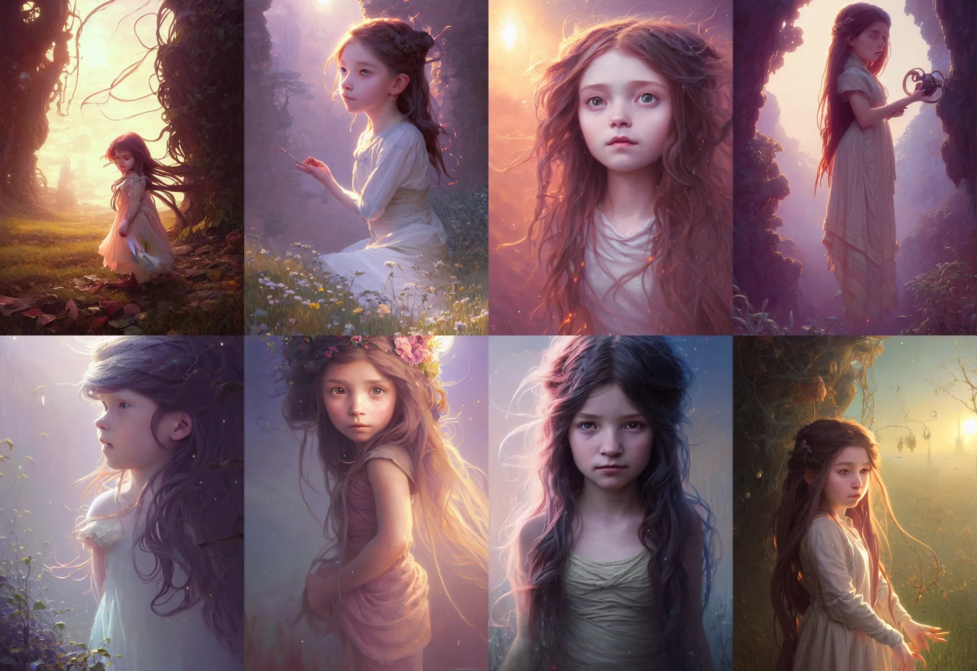 Image similar to highly detailed portrait of a little girl with long hairs, stephen bliss, unreal engine, fantasy art by greg rutkowski, loish, rhads, ferdinand knab, makoto shinkai and lois van baarle, ilya kuvshinov, rossdraws, tom bagshaw, alphonse mucha, global illumination, radiant light, detailed and intricate environment