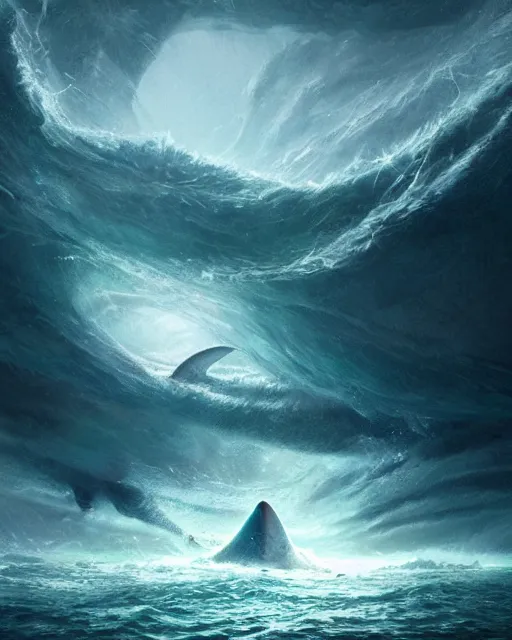 Image similar to A monstrous giant megalodon in the middle of the sea, fantasy art, in the style of greg rutkowski, illustration, epic, fantasy, intricate, hyper detailed, artstation, concept art, smooth, sharp focus, ray tracing