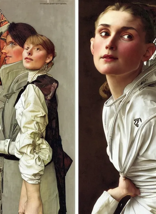 Image similar to a realistic portrait by norman rockwell and alphonse mucha of a russian girl detailed features wearing a cargo wedding dress - sporty, sleek, tech utility - chic trend. lots of zippers, pockets, synthetic materials, jumpsuits chic'techno fashion trend by issey miyake and balenciaga