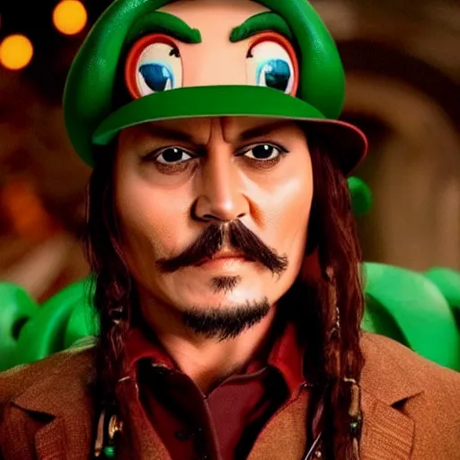 Image similar to stunning awe inspiring johnny depp as luigi from super mario bros, movie still 8 k hdr atmospheric lighting