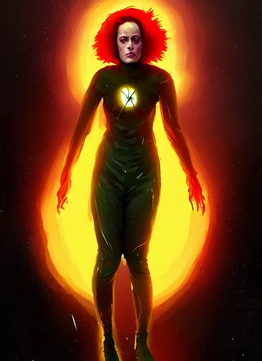 Prompt: young sigourney weaver as dark phoenix, by ismail inceoglu