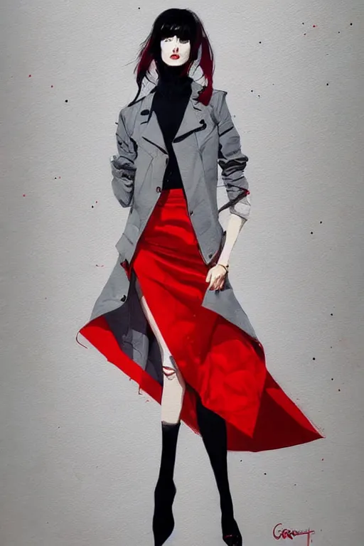 Image similar to a ultradetailed painting of a stylish woman wearing a grey jacket with red skirt, by conrad roset, greg rutkowski and makoto shinkai trending on artstation