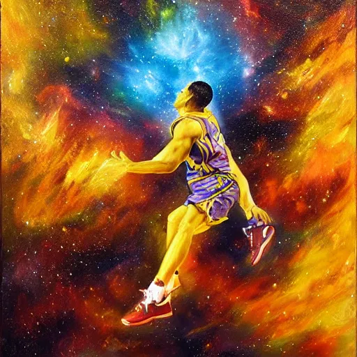 Image similar to an expressive oil painting of a basketball player dunking, depicted as an explosion of a nebula