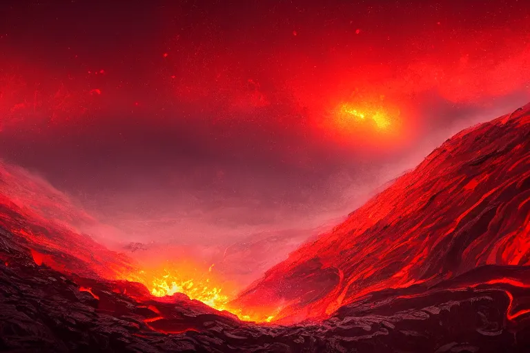 Prompt: red themed lava landscape, meteor shower, epic, miyazaki style, cinematic, indie, highly detailed, featured on artstation, highly detailed, abstract