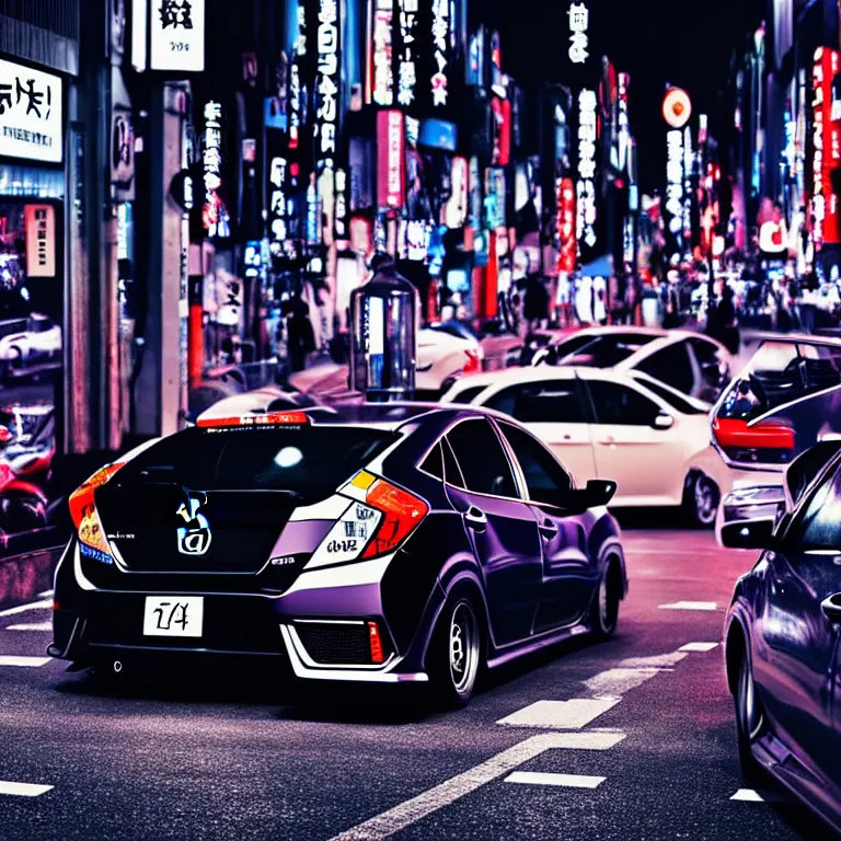 Image similar to a car Honda Civic turbo illegal meeting, detailed-wheels, Shibuya Shibuya, cinematic color, photorealistic, highly detailed, night photography