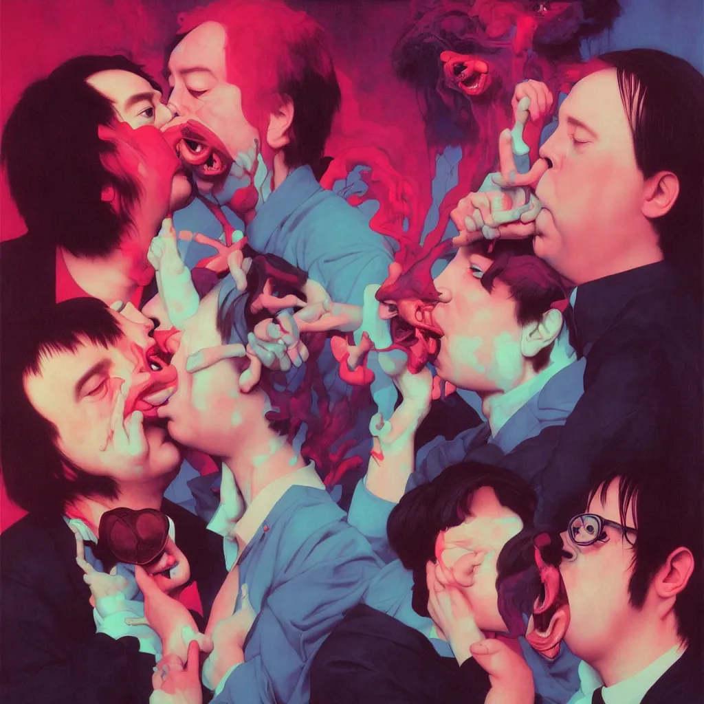 Image similar to weird and disturbing portrait of bill hicks kissing todd solondz, tongue, vivid colors, neon, art by ( ( ( kuvshinov ilya ) ) ) and wayne barlowe and francis bacon and artgerm and wlop and william - adolphe bouguereau