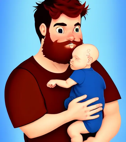 Image similar to a father with short red hair, a short red beard and blue eyes and a chubby face hold his infant baby boy with bald brown hair full color digital illustration in the style of don bluth, artgerm, artstation trending, 4 k