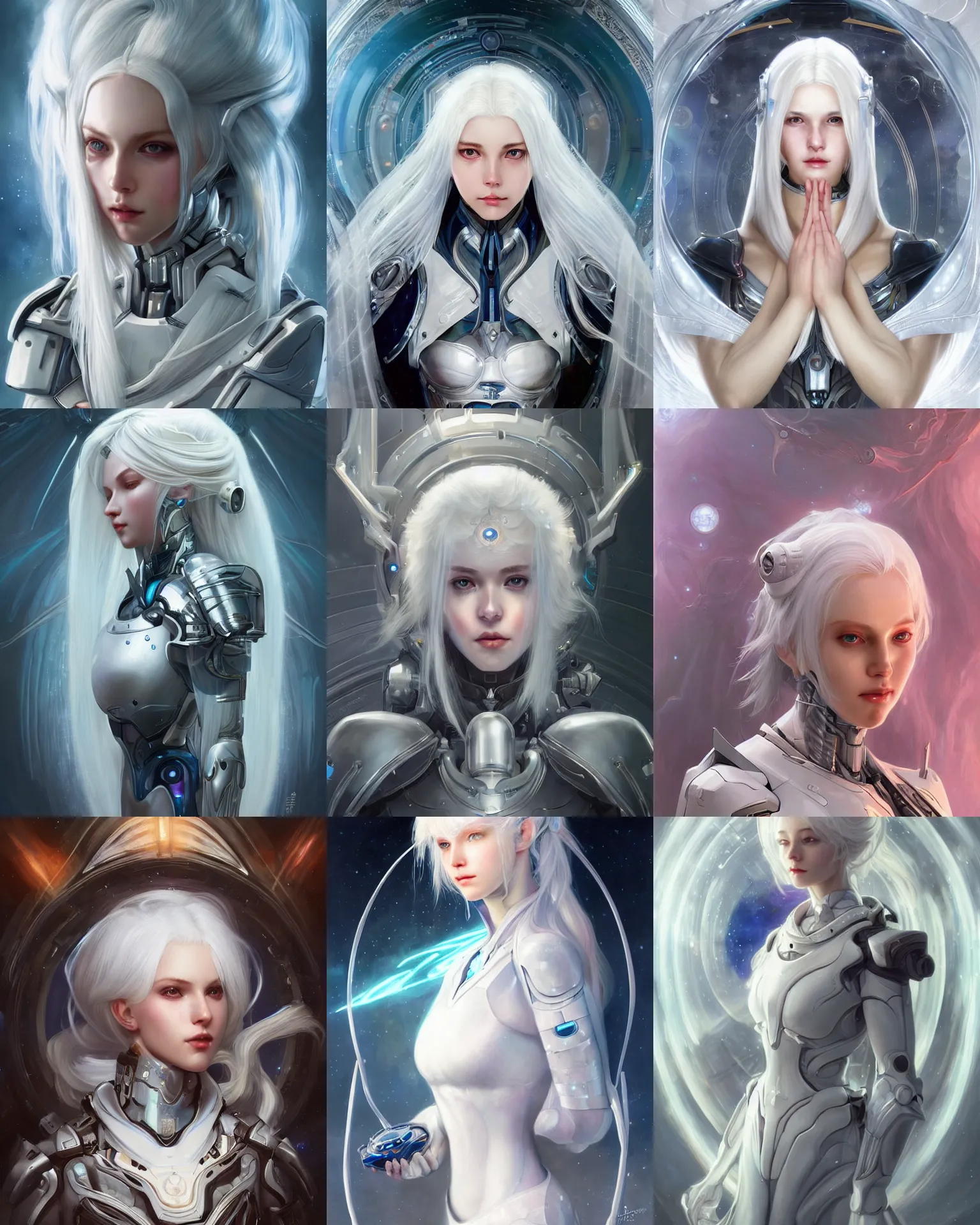 Prompt: perfect white haired girl, warframe armor, beautiful, dreamy, pretty face, blue cyborg eyes, goddess, radiant light, scifi, space, futuristic laboratory, ultra realistic, intricate, glow, unreal engine, extreme details, focused, masterpiece, art by seunghee lee, tom bagshaw, alphonse mucha