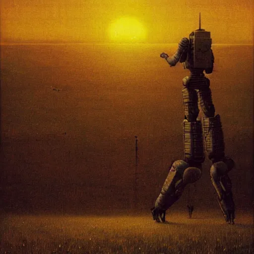 Prompt: a battlemech!! shaped like a person standing in a field at sunset by Beksinski
