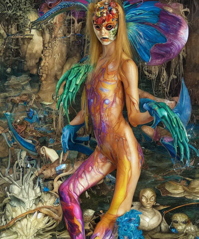 Prompt: a portrait photograph of a harpy olympic swimmer with slimy skin being transformed into a beautiful alien. she looks like sadie sink and is wearing a colorful infected sleek organic catsuit. by donato giancola, hans holbein, walton ford, gaston bussiere, peter mohrbacher and brian froud. 8 k, cgsociety, fashion editorial