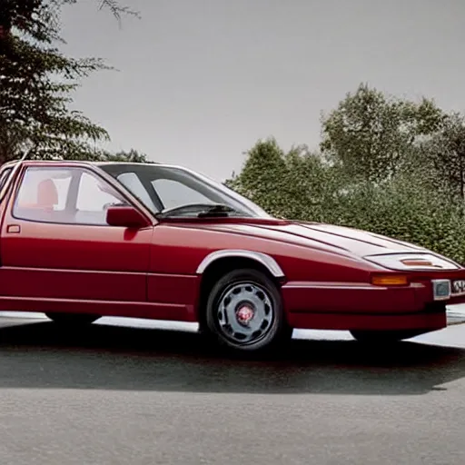 Prompt: A hypercar designed and produced by Volvo, with 1986 Volvo 480 design elements, in crimson red, promotional photo