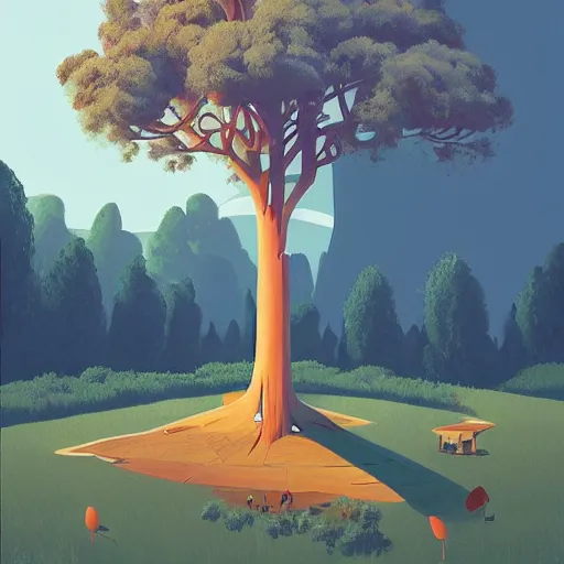 Image similar to a painting of a large bird standing next to a tree, a storybook illustration by James Gilleard, behance contest winner, environmental art, behance hd, 2d game art, reimagined by industrial light and magic