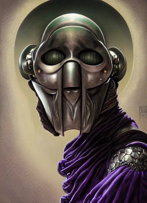 Image similar to mf doom reptile eyes, purple metallic skin. intricate, elegant, highly detailed, centered, digital painting, artstation, concept art, smooth, sharp focus, illustration, artgerm, tomasz alen kopera, peter mohrbacher, donato giancola, joseph christian leyendecker, wlop, frank frazetta