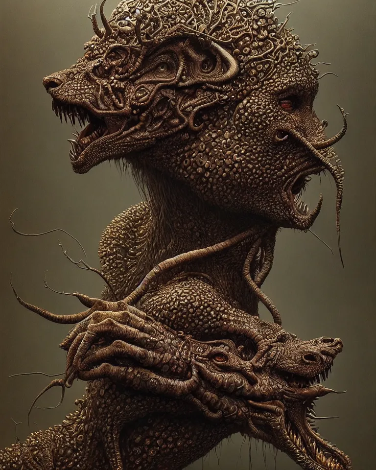 Prompt: ultra realist intricate detailed portrait of an attractive female turning into an animal, insanity, accurate features, apocalyptic, very intricate details, 8 k resolution, dim lighting, volumetric lighting, artstyle, zdzisław beksinski and keith thompson, award winning