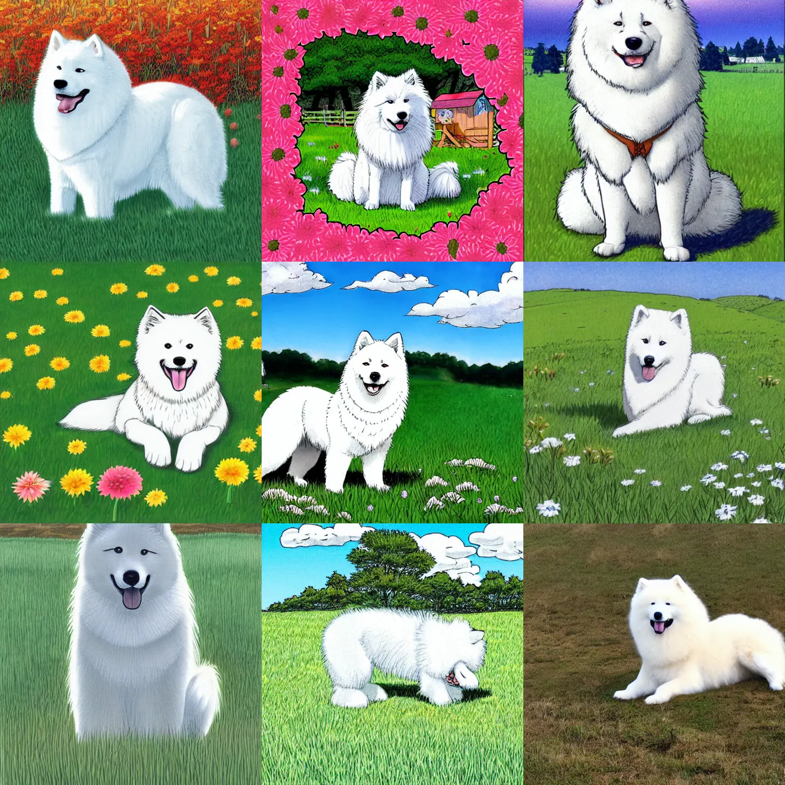 Prompt: a samoyed dog sitting in the middle of sunny meadow, colored, by Yusuke Murata