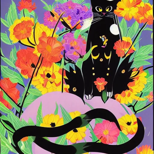 Prompt: black cat, moon, flowers, symbolic, super detailed, by tomokazu matsuyama by ilya kuvshinov