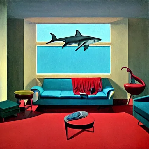 Image similar to A shark floating in a 1960s art deco living room, highly detailed, very coherent, painted by Francis Bacon and Edward Hopper, Wayne Barlowe, painted by James Gilleard, surrealism, airbrush, art by JamesJean