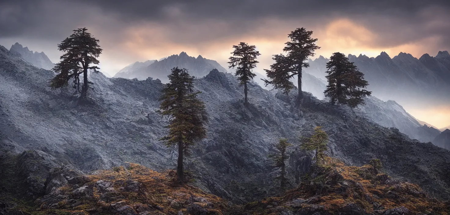 Image similar to amazing landscape photo of a lone cedar tree on a mountain by marc adamus, beautiful dramatic lighting