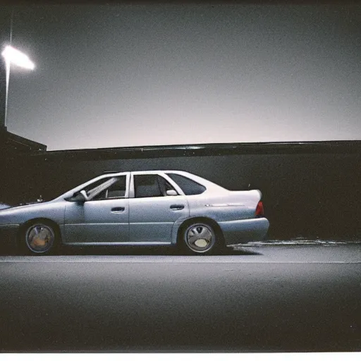 Prompt: retro 90s 97’ film photo harsh flash. Night time dark dimly lit parking lot. 1996 blue WRX front side view. ((Polaroid)) harshflash