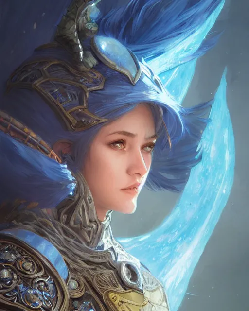 Image similar to Portrait of a Fantasy azure knight, moonlit, HD, illustration, epic, D&D, fantasy, intricate, elegant, highly detailed, digital painting, artstation, concept art, smooth, sharp focus, illustration, art by artgerm and greg rutkowski and alphonse mucha, monster hunter illustrations art book