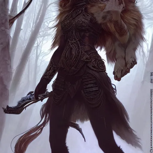 Image similar to long shot photo of a humanoid female she - wolf with wolf head were a heroic dress an armour in the forest, long hair, highly detailed, digital painting, artstation, smooth, sharp focus, illustration, art by artgerm and greg rutkowski and alphonse mucha