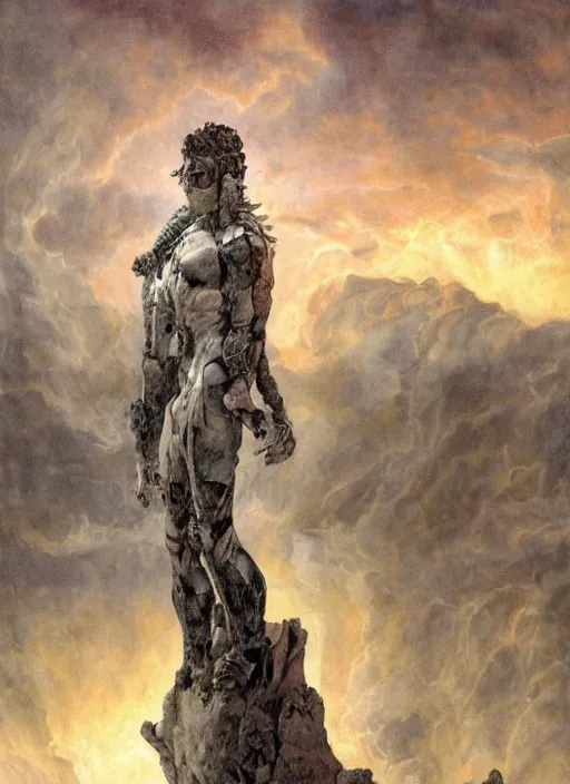 Image similar to ancient statue of a diabolical marble stone cyborg, wearing torn white cape, dynamic pose, thunder, glowing eyes, post apocalyptic ancient ruins, glowing veins subsurface scattering, in clouds, sunset, portrait, by gerald brom, by mikhail vrubel, by peter elson, muted colors, extreme detail, trending on artstation, 8 k