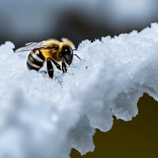 Image similar to a bee finding a beautiful flower made of snow in antarctica, only snow in the background, beautiful macro photography, ambient light