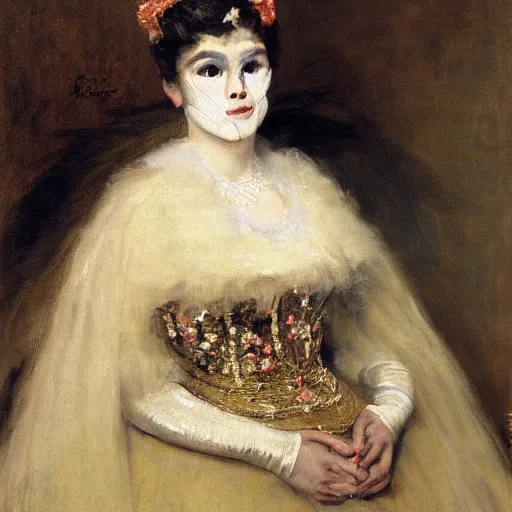 Image similar to portrait of a young woman wearing a carneval mask by alfred stevens