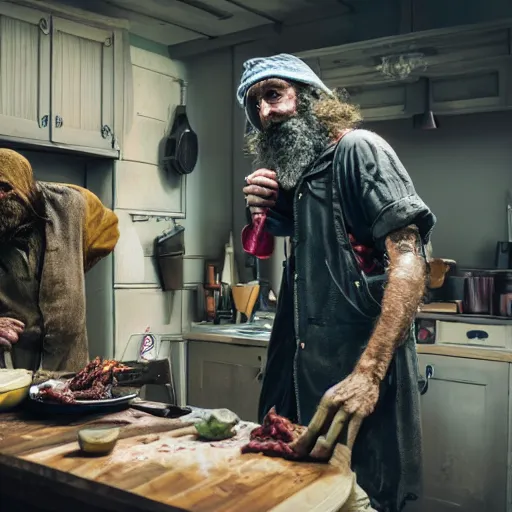 Prompt: british magical hobo breaks into some ork's kitchen and attacks them, 4 k, detailed, real life photo, sharp focus, photorealistic, cyberpunk