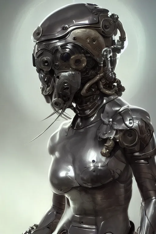 Prompt: a girl in a closed helmet in a shiny biopunk costume consisting of swollen muscles, tendons, metal joints, protruding pistons. masterpiece 4k digital illustration by Ruan Jia and Mandy Jurgens and Artgerm and william-adolphe bouguereau, award winning, Artstation, art nouveau aesthetic, black background, intricate details, realistic, Hyperdetailed, 8k resolution, intricate art nouveau