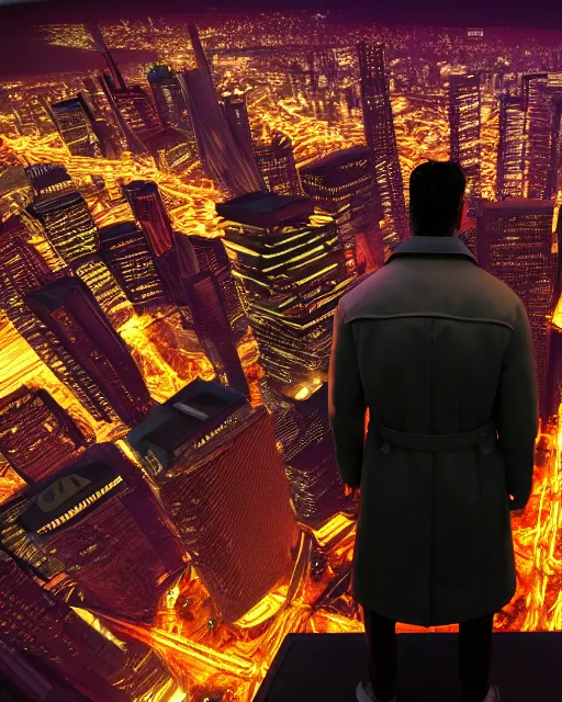 Image similar to an unreal engine 3d render of a night rooftop scene, neon lights in the city below, close up shot of a photorealistic gangster wearing a trench coat looking at the city below, global illumination, hyper realism