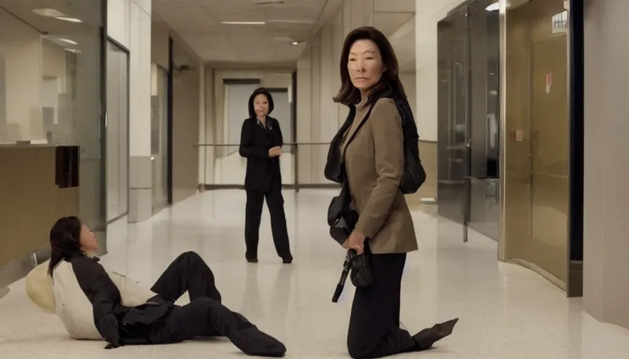 Prompt: michelle yeoh as evelyn wang from everything everywhere all at once ( 2 0 2 2 ) inside irs building, directed by'daniels ', cinematography by larkin seiple, martial arts multiverse movie still