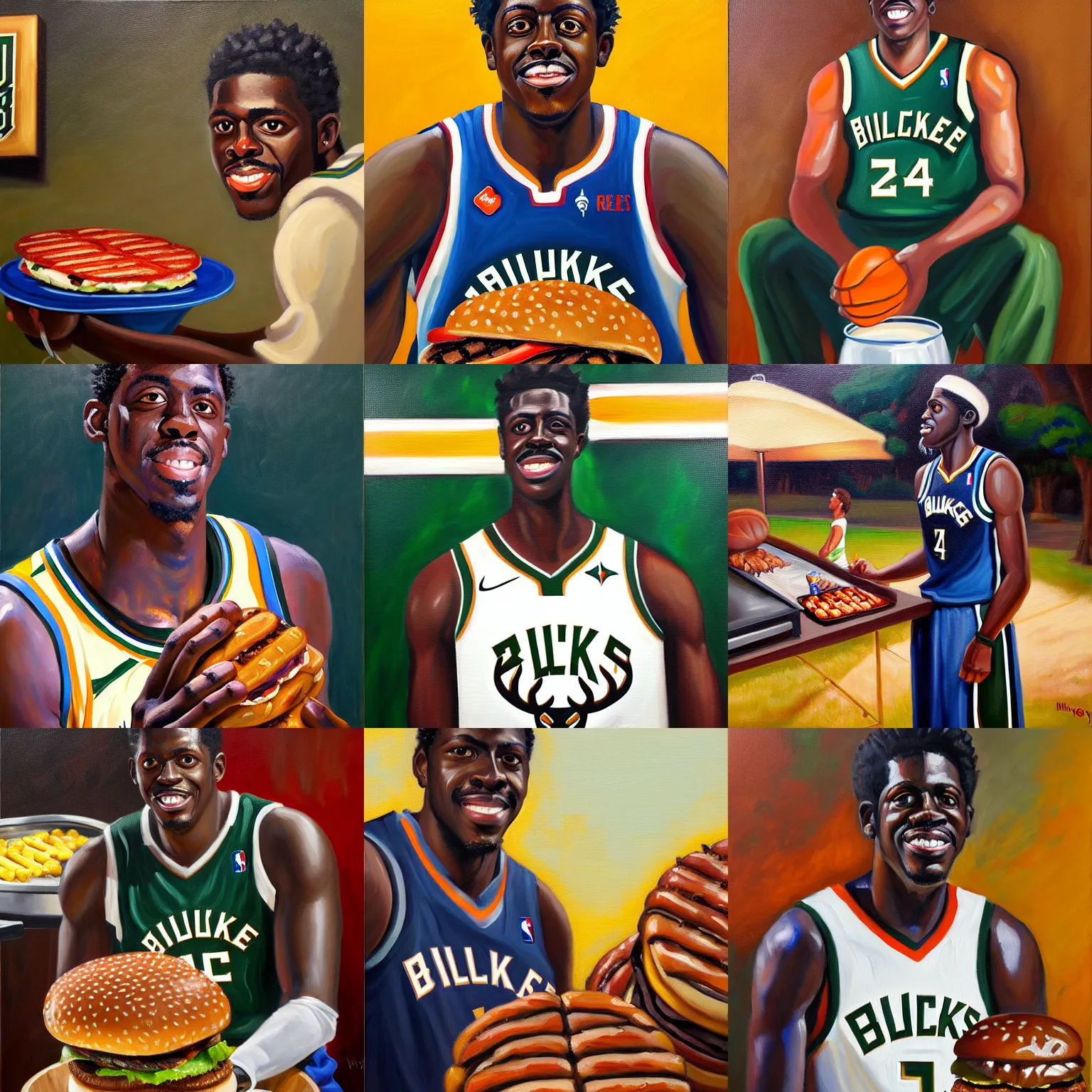 Prompt: portrait of milwaukee bucks jrue holiday grilling burgers, oil on canvas painting by william sidyney mount, 1 9 3 3, trending on artstation
