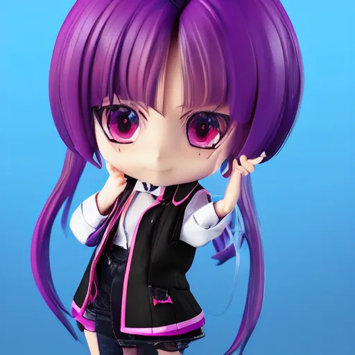 Image similar to portrait of a anime and chibi very cute doll with purple jacket design by antonio mello, nendoroid, kawaii, cyberpunk fashion, character modeling, toy design, substance 3 d painter, vray, soft vinyl, trending in artstation