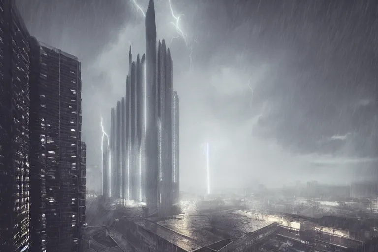 Prompt: a towering cathedral of brutalist architecture, metal, concrete, mist, rain, night, dramatic lighting, lightning bolt, trending on Artstation, 8k, photorealistic, hyper detailed, unreal engine 5, IMAX quality, cinematic, epic lighting, in the style of Greg Rutkowski