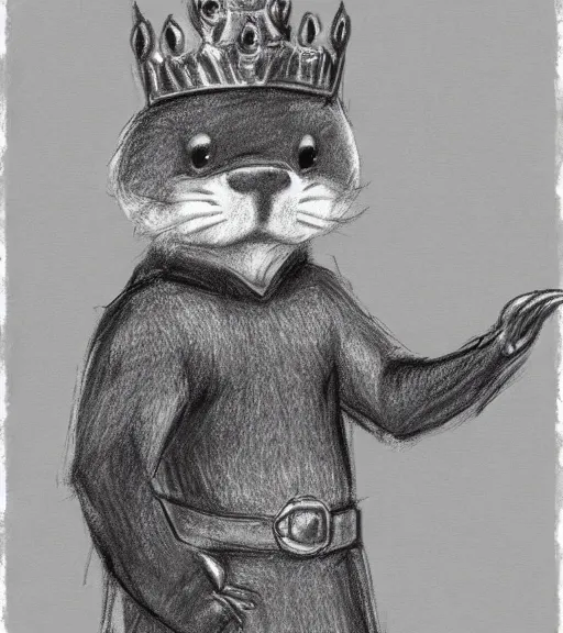 Image similar to expressive stylized master furry artist pastel pencil drawing full body portrait character study of the anthro male anthropomorphic otter fursona animal person wearing crown and cape royal western king regal intricate ornate