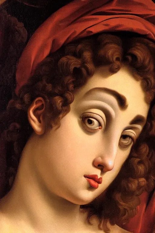 Image similar to beautiful woman, scared face, closeup, dressed in roman clothes, ultra detailed, art by Guido Reni style