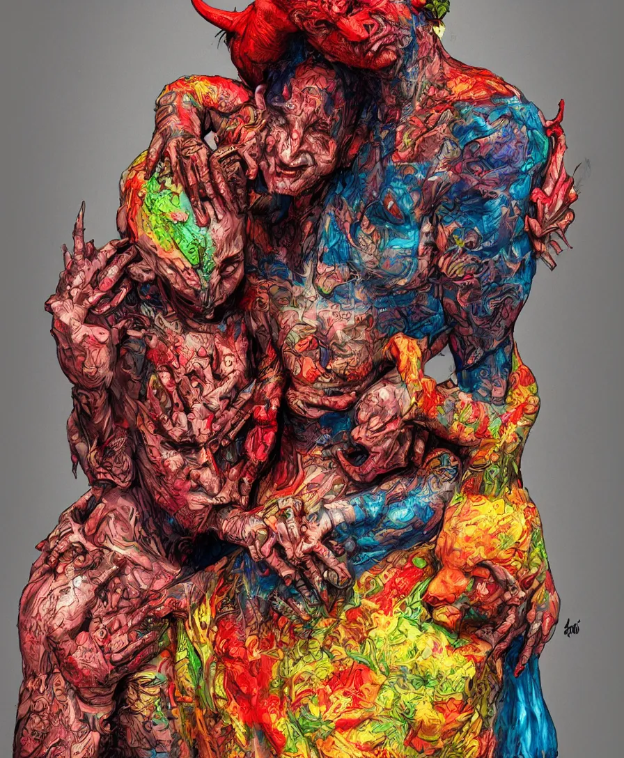 Prompt: devil holding a person, colorful, intricate, ultra detailed, photorealistic, trending on artstation