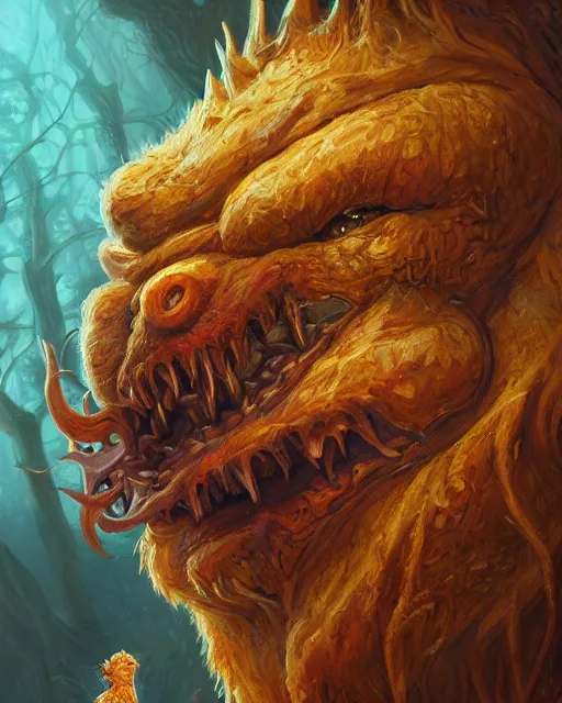 Image similar to portrait of Garfield as a large Lovcraftian monster, fantasy, intricate, elegant, highly detailed, digital painting, artstation, concept art, smooth, sharp focus, illustration, art by artgerm and greg rutkowski