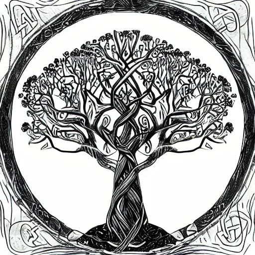 Prompt: The beautiful Yggdrasil world tree etched with futhark runes, standing in a mountainous valley, cartoon digital art